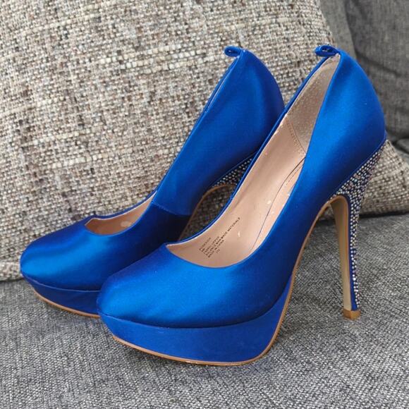 Steve Madden Posesion Royal Blue Heels Women's 9 Rhinestone Satin Sapphire Pumps - Picture 3 of 8